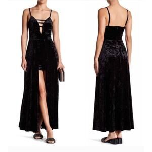 Black Velvet Jumpsuit Skort Overlay L Fairy Goth Y2K Clubwear